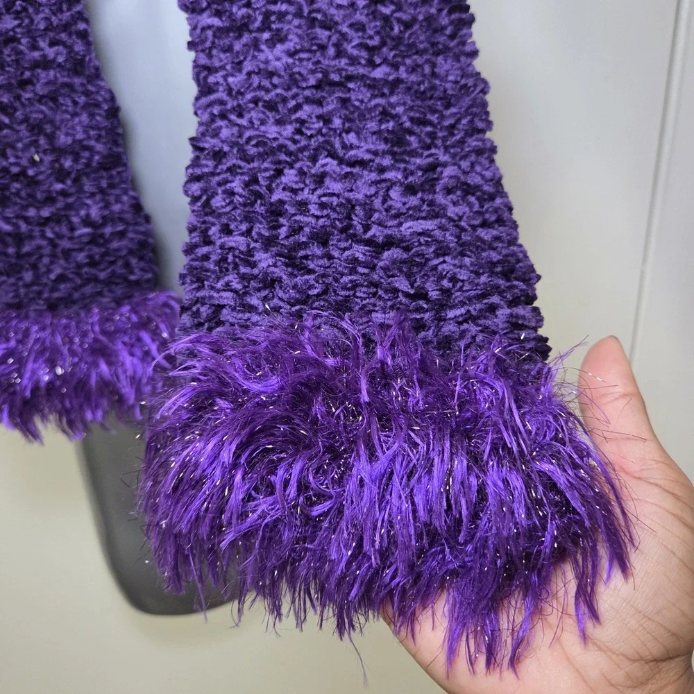Purple Chenille Scarf Faux Fur Feather Fringe Ends Textured Winter Wrap Glam Y2K